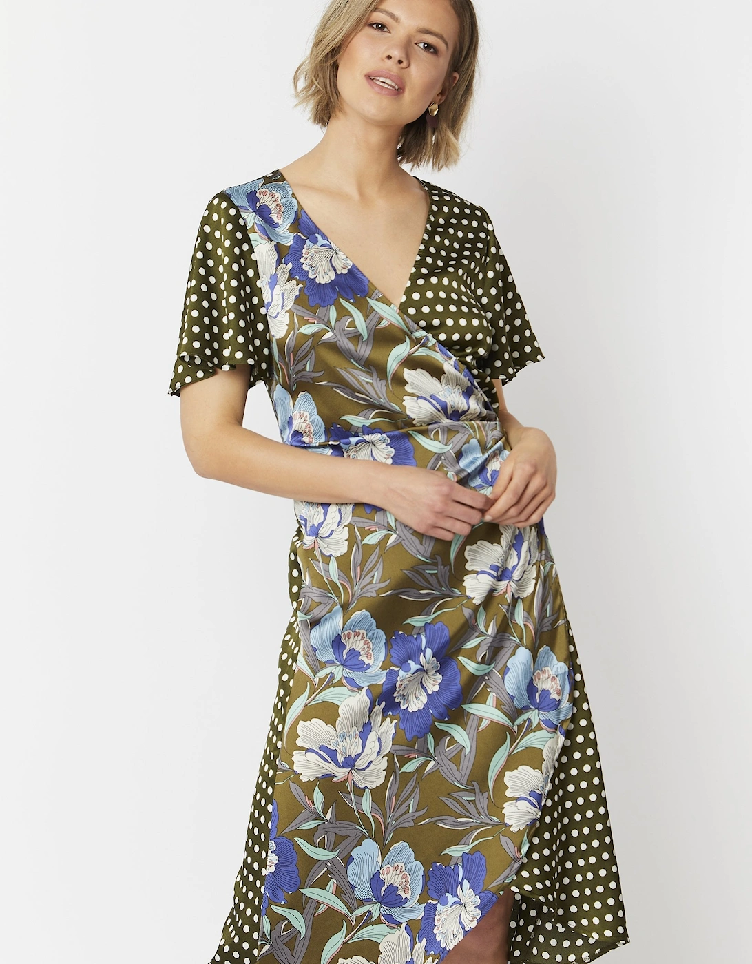 Khaki Silk Blend Mixed Print Wrap Dress, 9 of 8