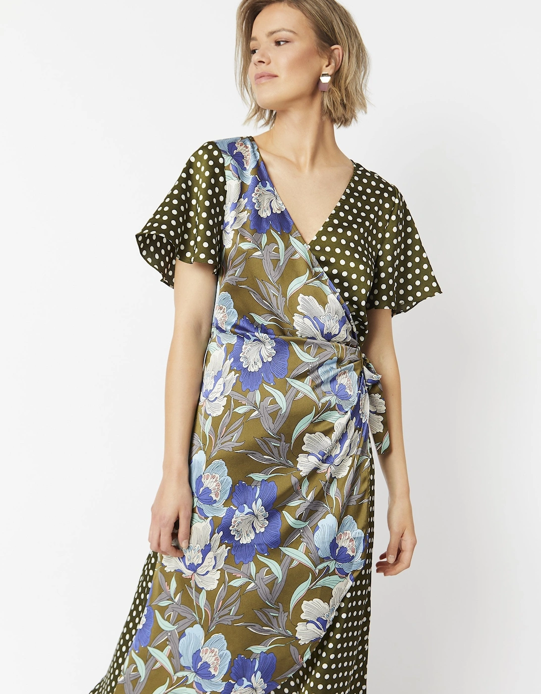 Khaki Silk Blend Mixed Print Wrap Dress