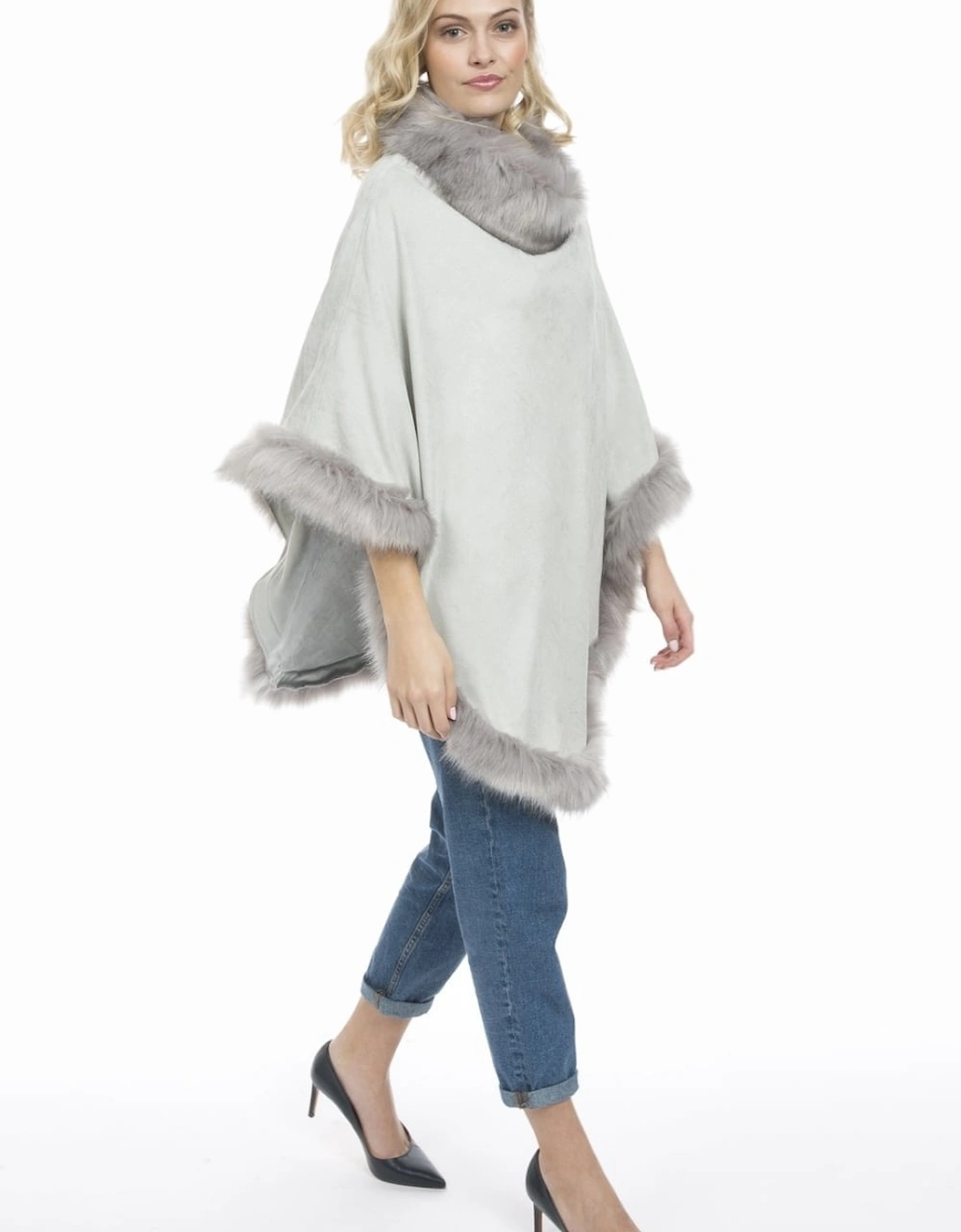 Grey Faux Suede and Faux Fur Poncho