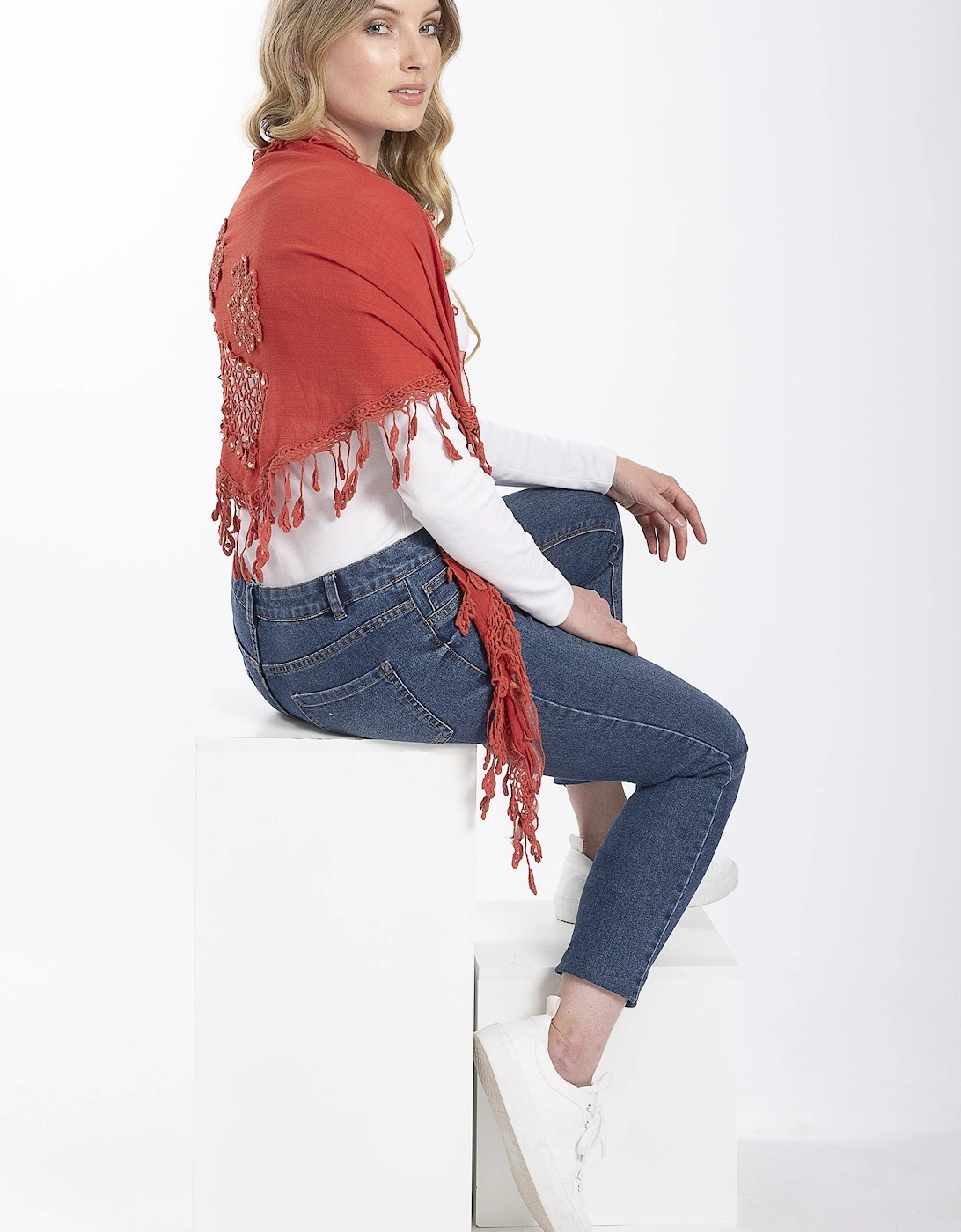 Red Tassled Cotton Triangle Scarf, 5 of 4