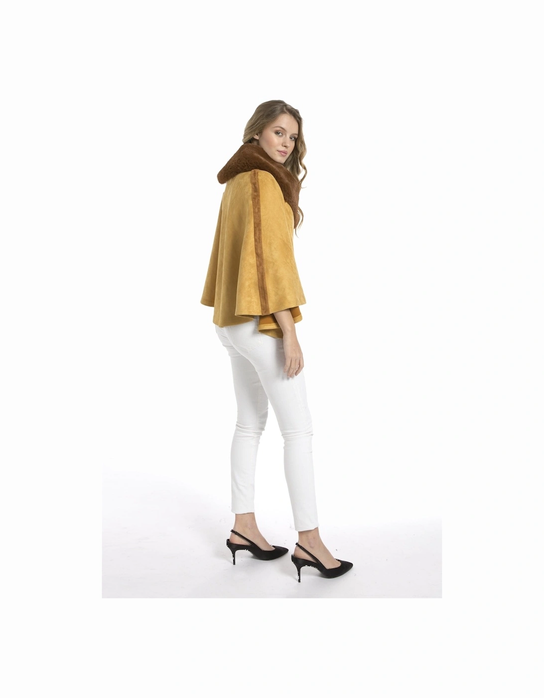 Yellow Faux Fur Faux Suede Poncho