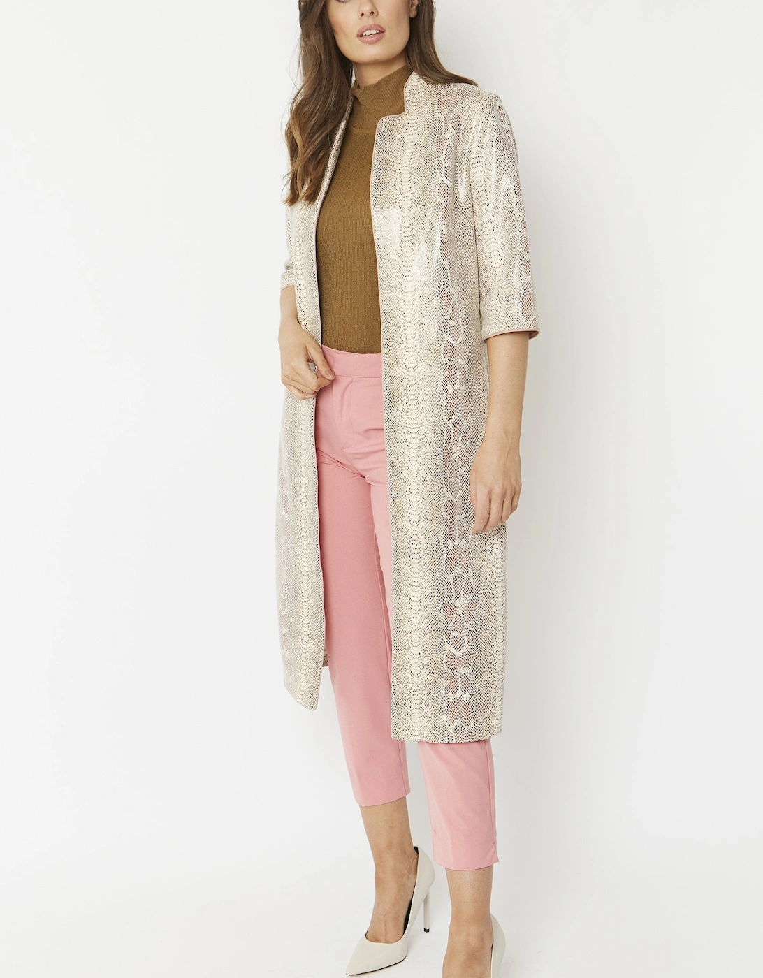 Cream Snake Print Faux Suede Jacket