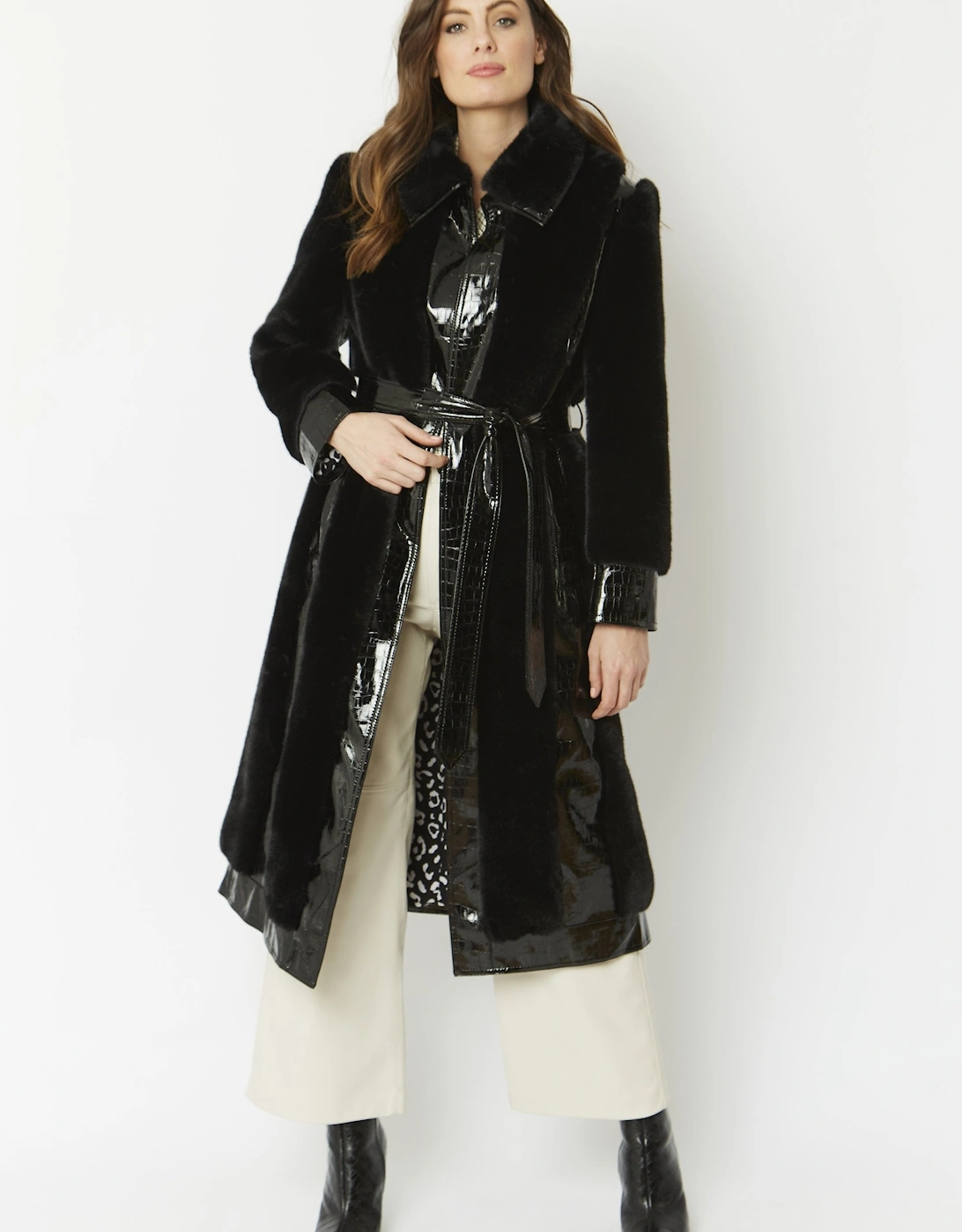 Black Faux Fur & Faux Leather Crocodile Effect Panelled Trench Coat, 10 of 9