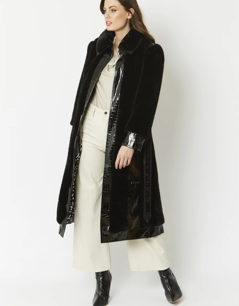 Black Faux Fur & Faux Leather Crocodile Effect Panelled Trench Coat