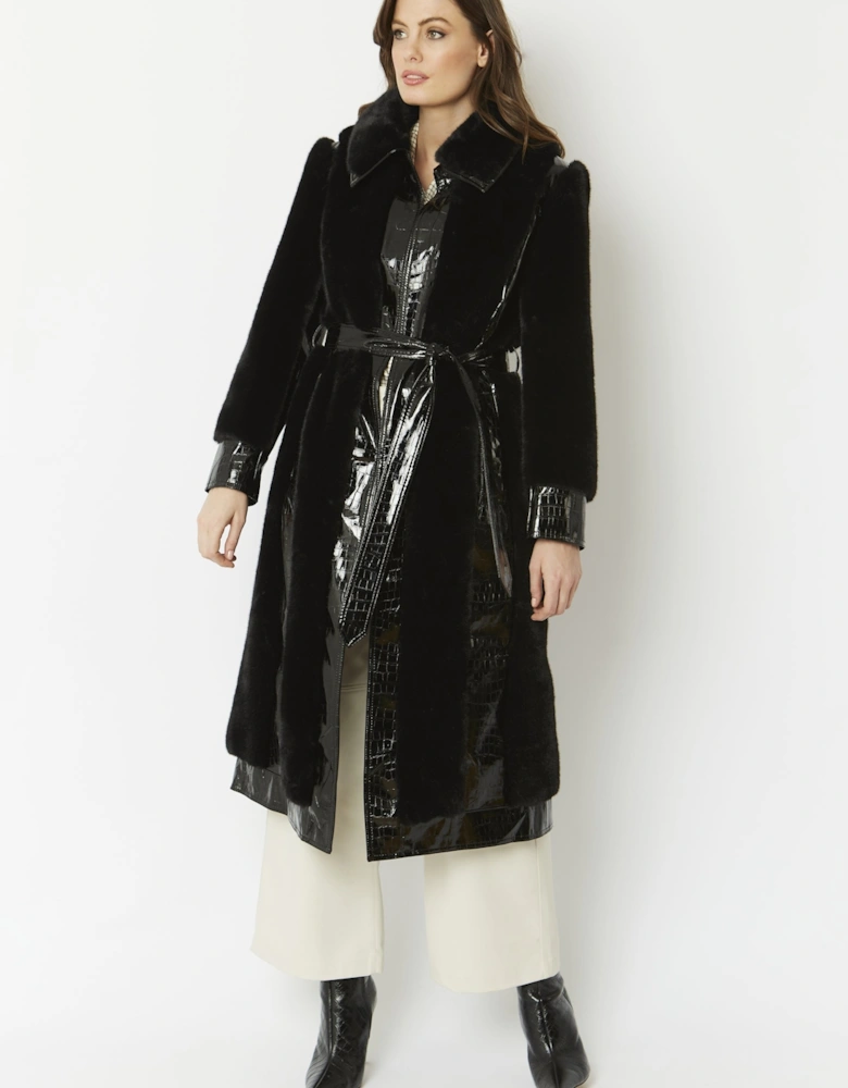 Black Faux Fur & Faux Leather Crocodile Effect Panelled Trench Coat