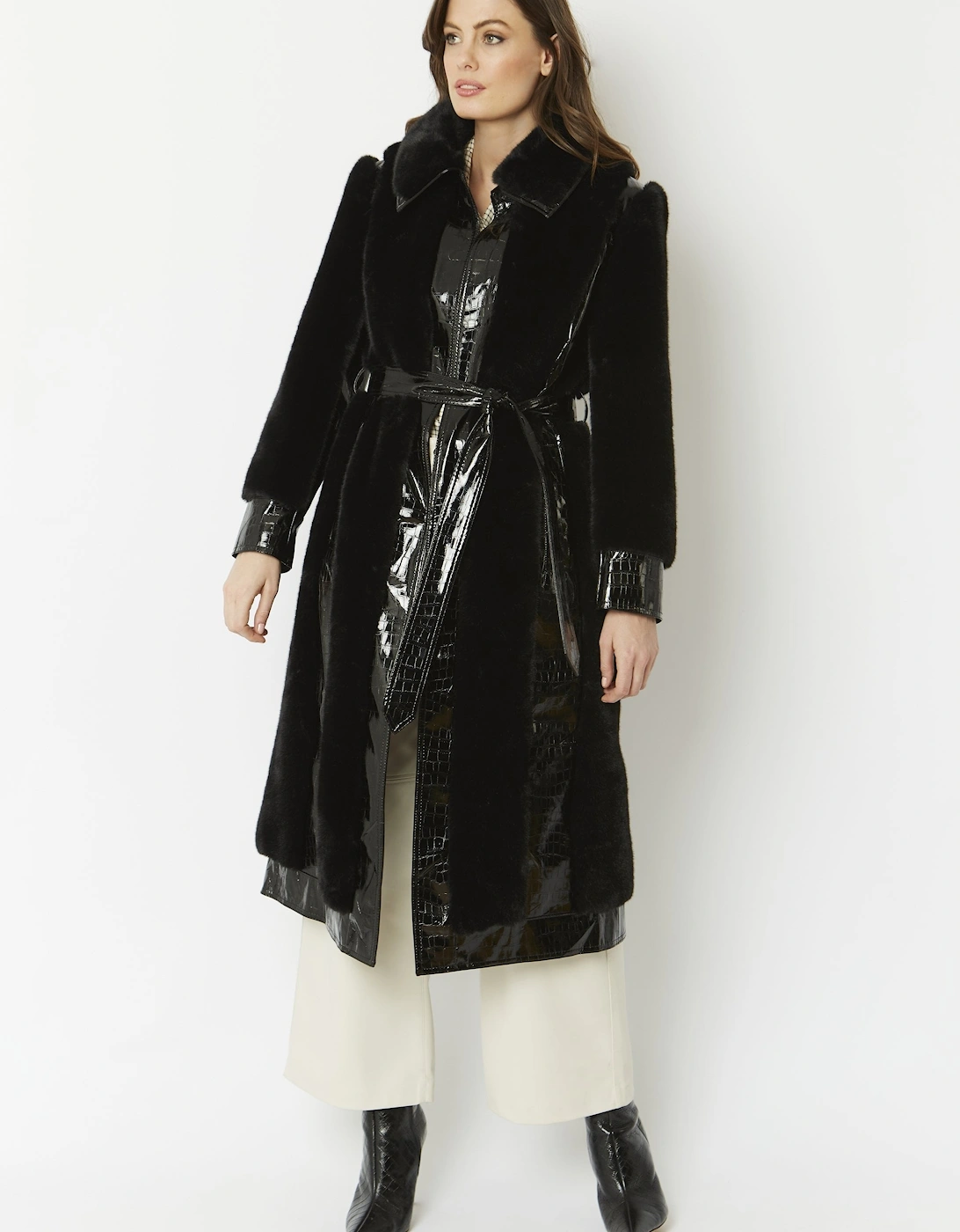 Black Faux Fur & Faux Leather Crocodile Effect Panelled Trench Coat
