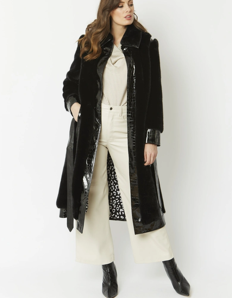 Black Faux Fur & Faux Leather Crocodile Effect Panelled Trench Coat