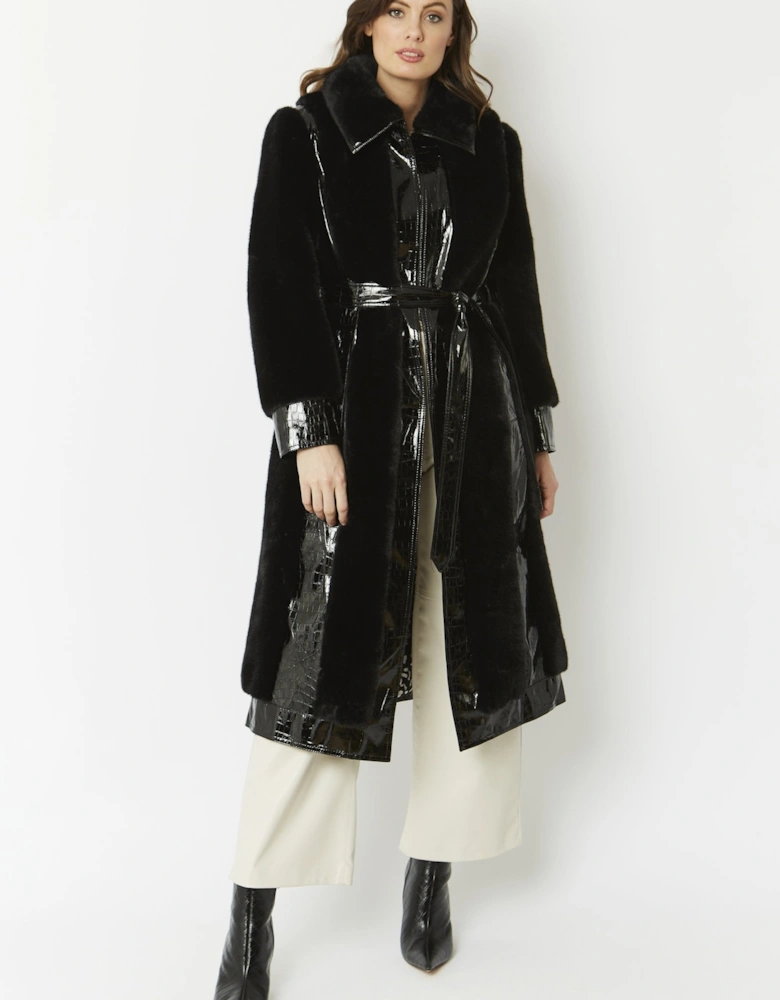 Black Faux Fur & Faux Leather Crocodile Effect Panelled Trench Coat