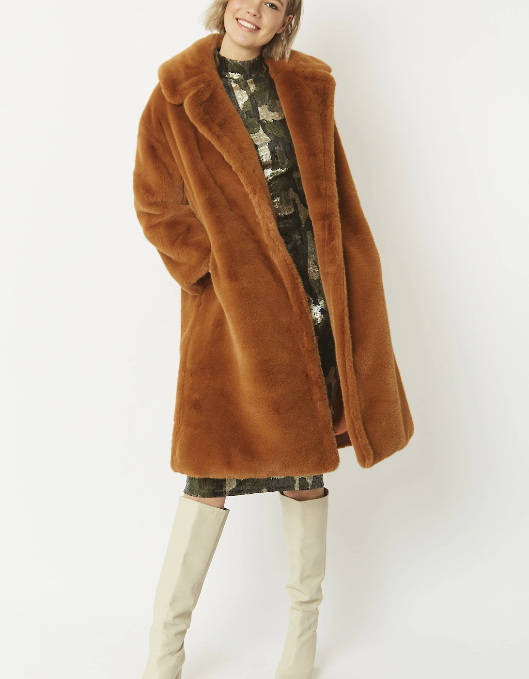 Chocolate Faux Fur Mid-length Coat