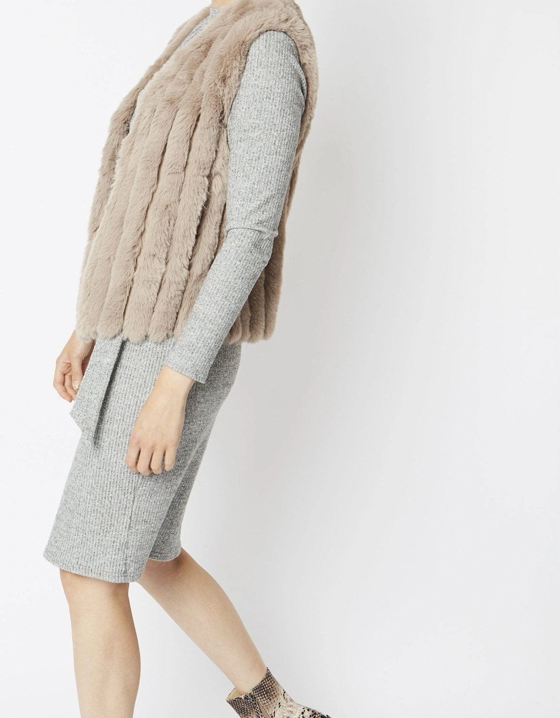 Mocha Faux Fur Faux Suede Vertical Stripe Gilet