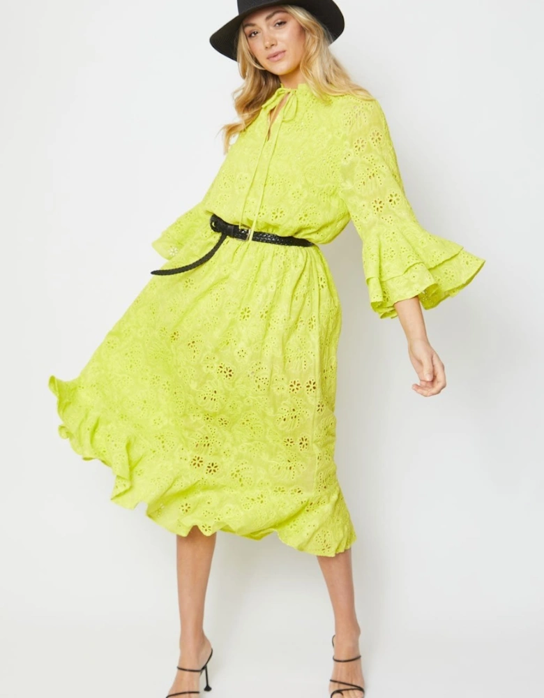 Yellow Emily Embroidered Natural Cotton Dress