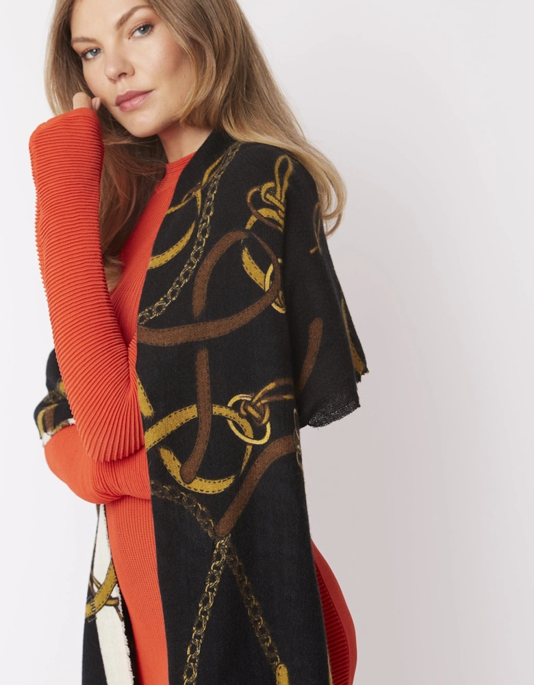 Black Cashmere & Silk Blend Wrap With Chain Print Design