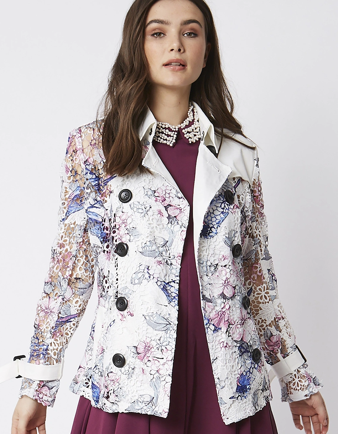 Cream Lace Print Trench Coat, 6 of 5