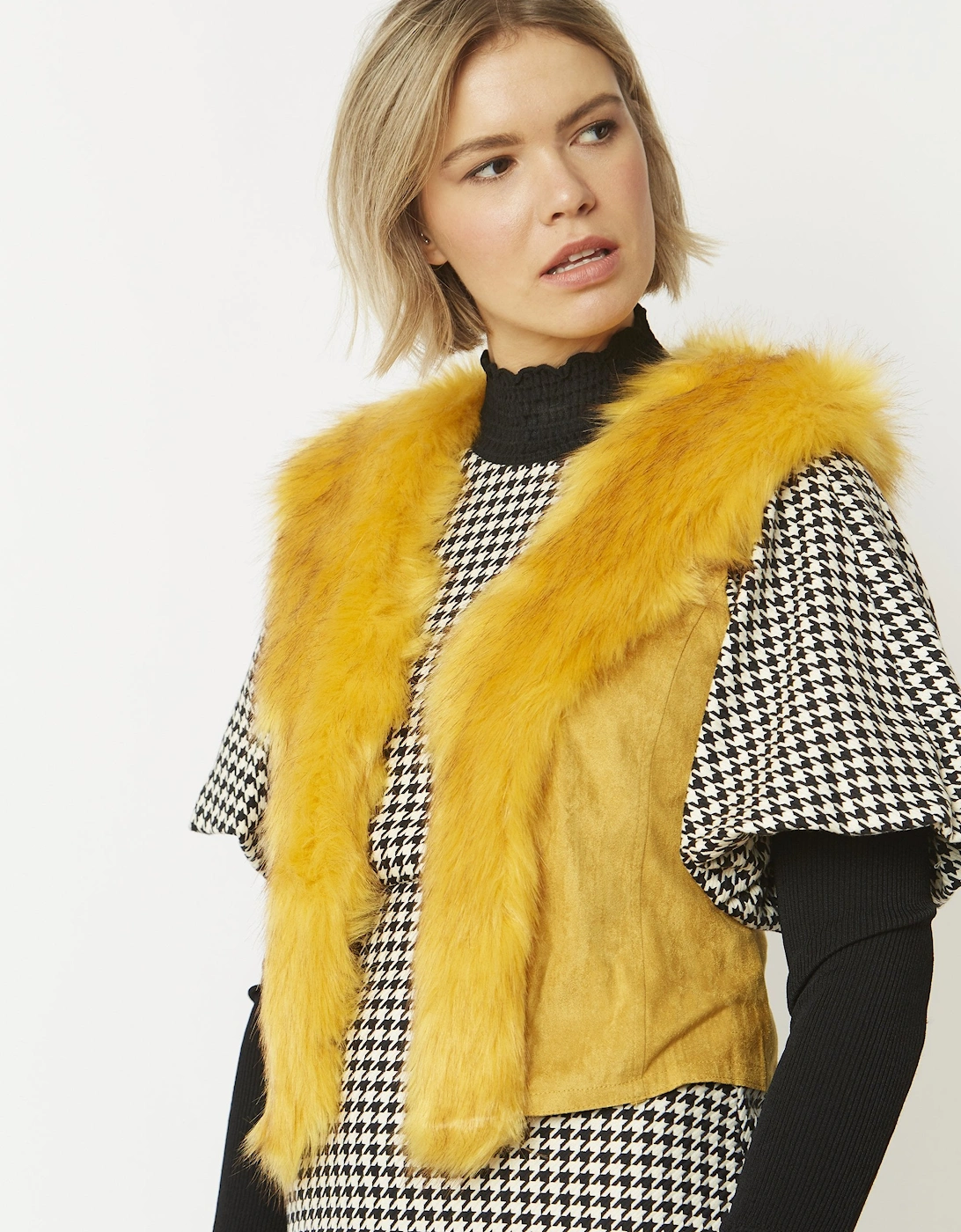 Yellow Faux Fur Faux Suede Gilet