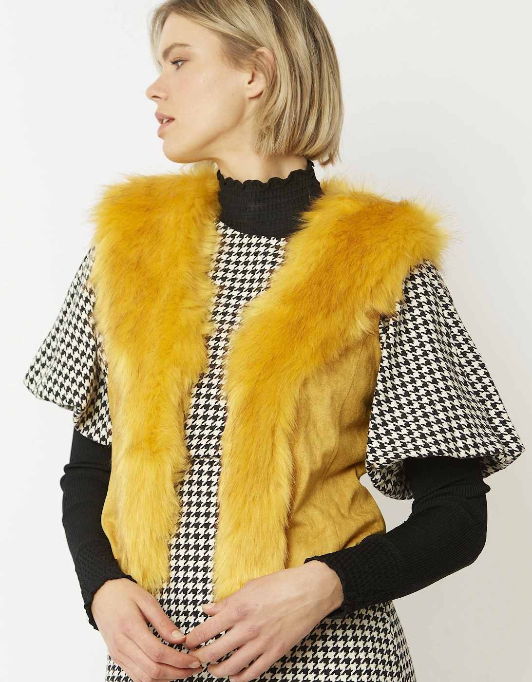 Yellow Faux Fur Faux Suede Gilet