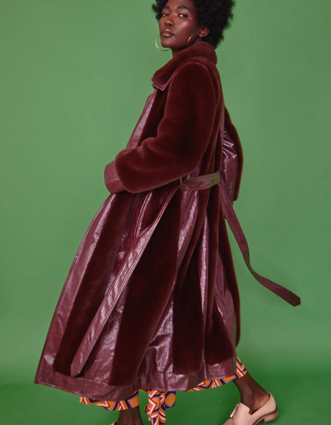 Red Faux Fur & Faux Leather Crocodile Effect Panelled Trench Coat