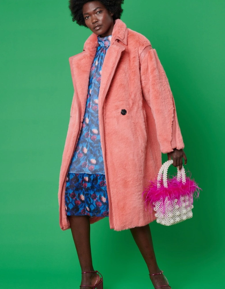 Faux Fur Oversized Coat with Faux Suede Details in Pink