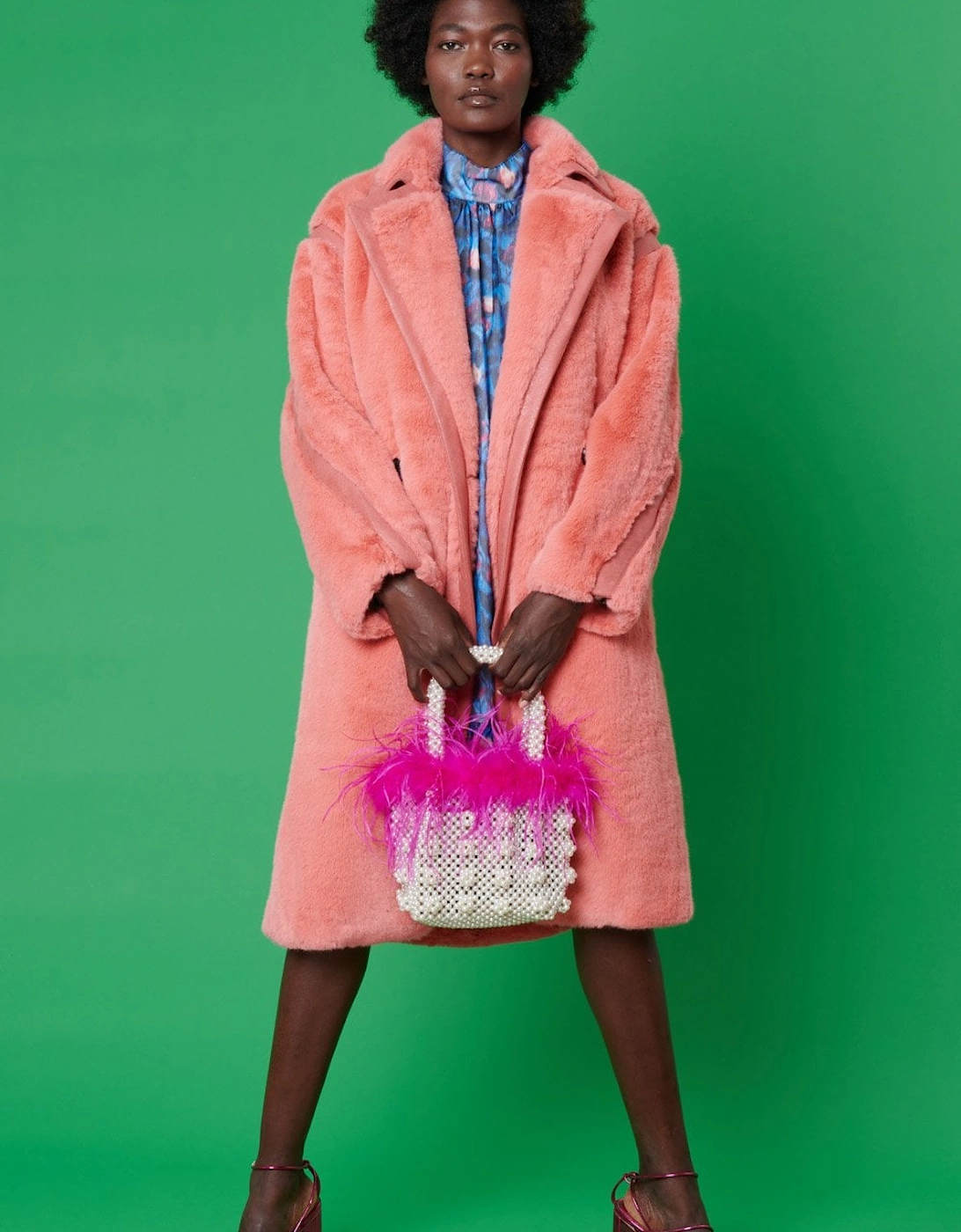 Faux Fur Oversized Coat with Faux Suede Details in Pink