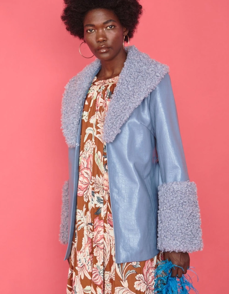 Faux Shearling Cuff and Collar Jacket with Belted Waist in Blue