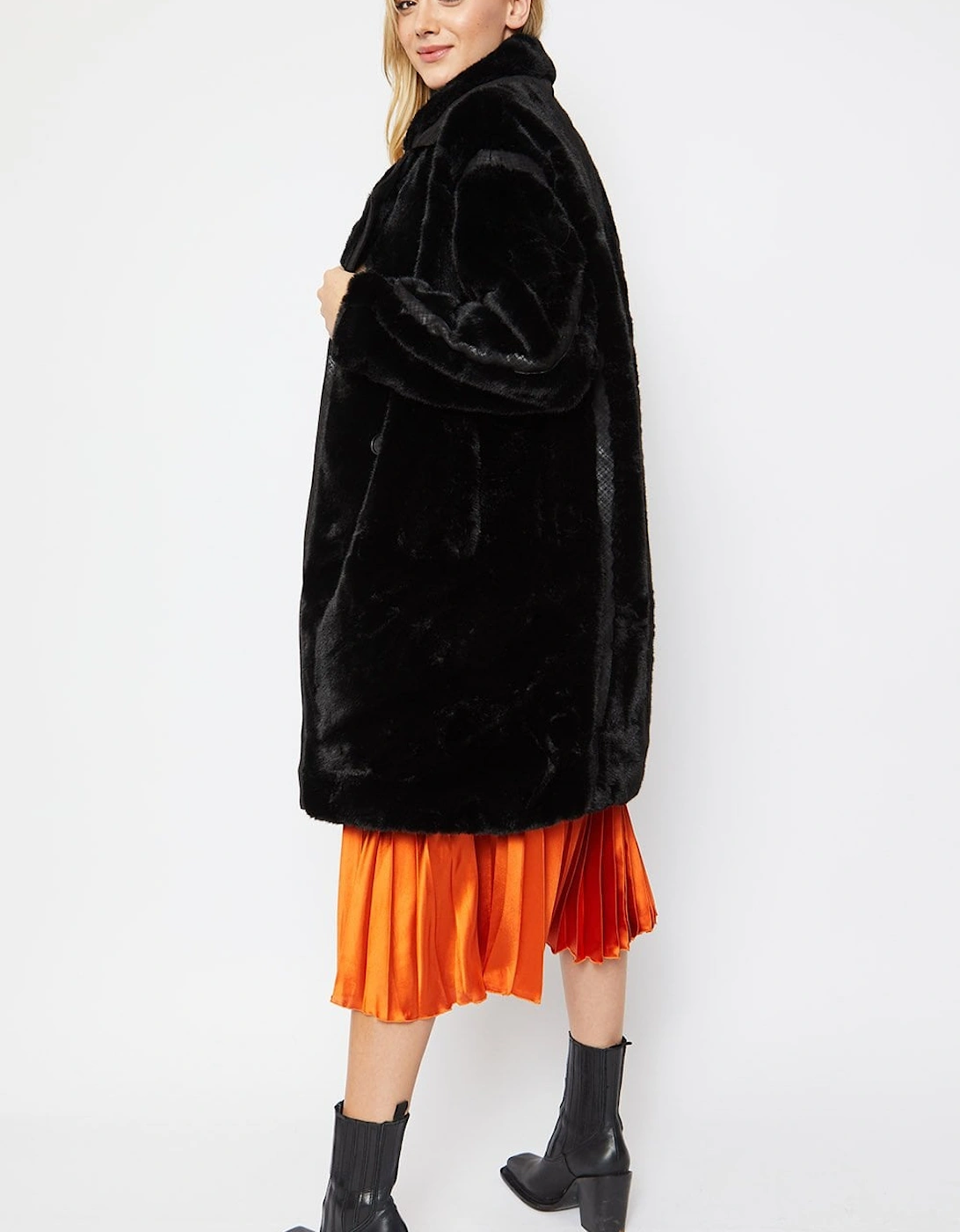 Faux Fur Oversized Coat with Faux Suede Details