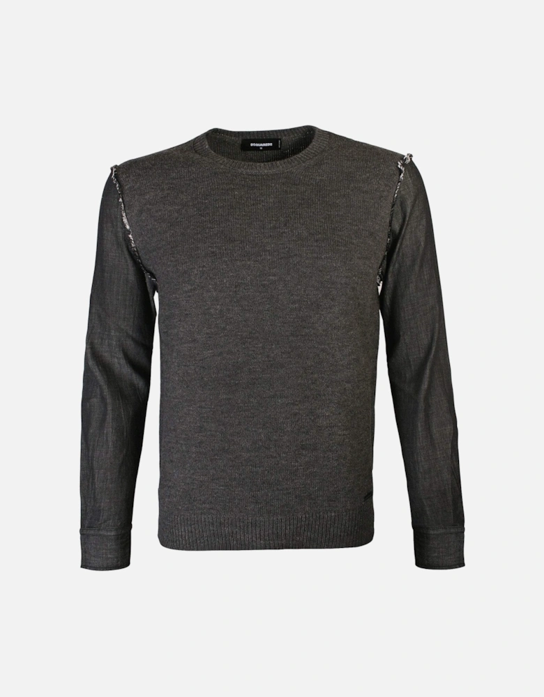 Men's Knit Pullover With Denim Sleeves Grey