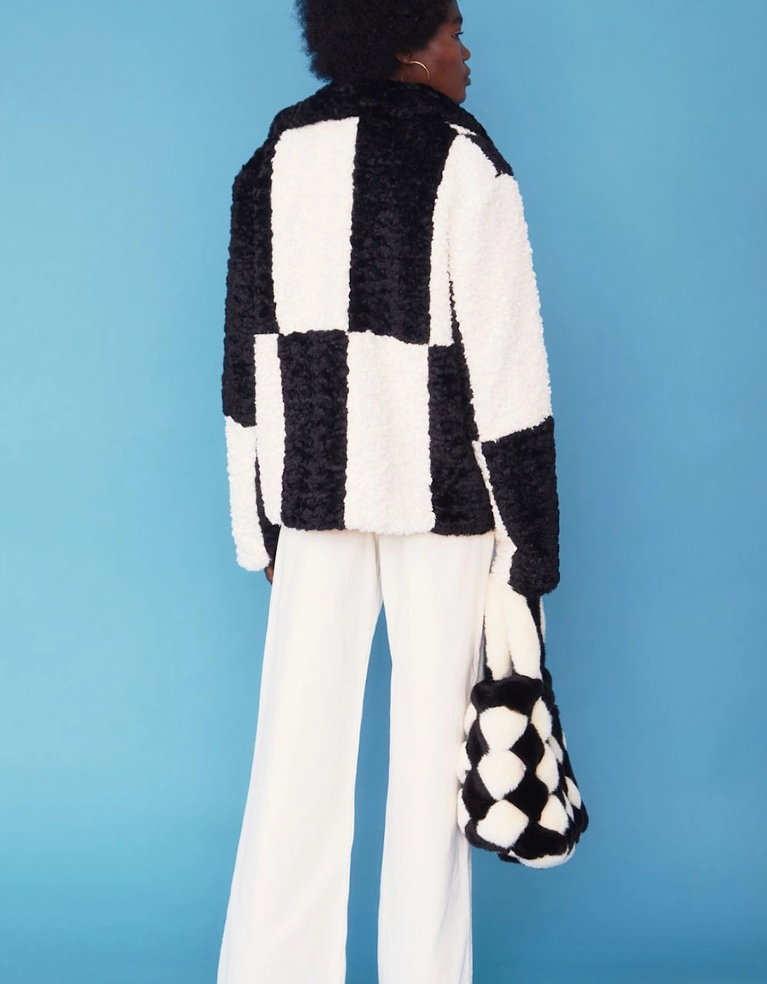 Black Faux Shearling Checkered Oversized Coat