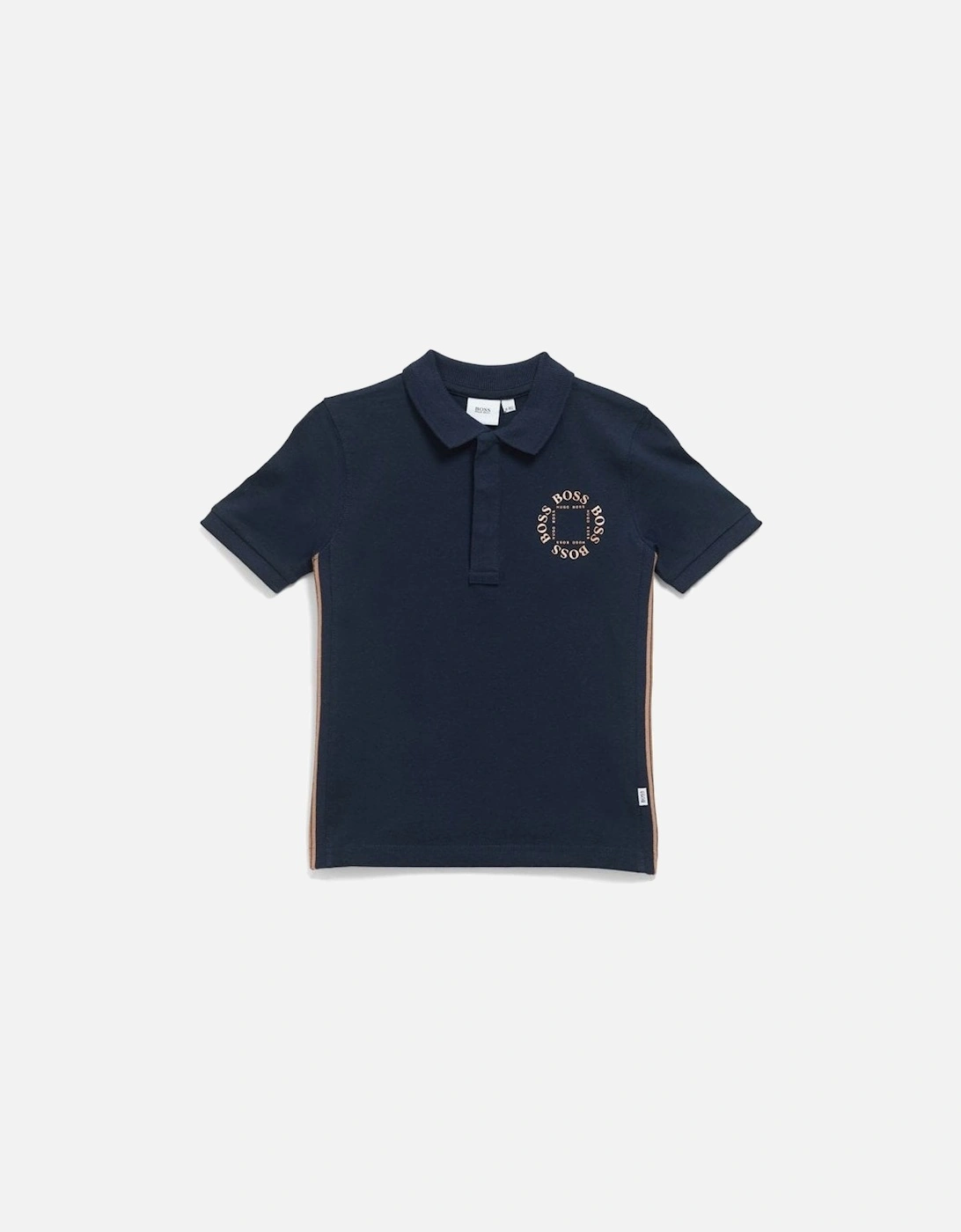 Boy's Navy Polo Shirt With Gold Circular Logo, 4 of 3