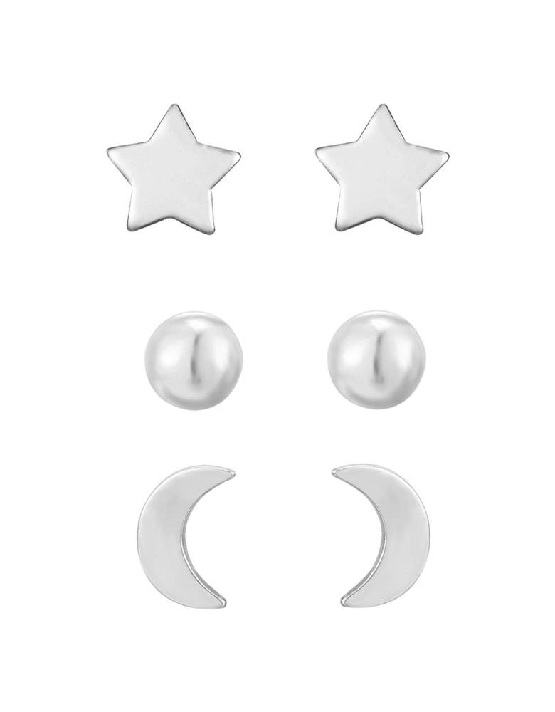 Sterling Silver 3 pack Moon, Star, Ball Stud Earrings