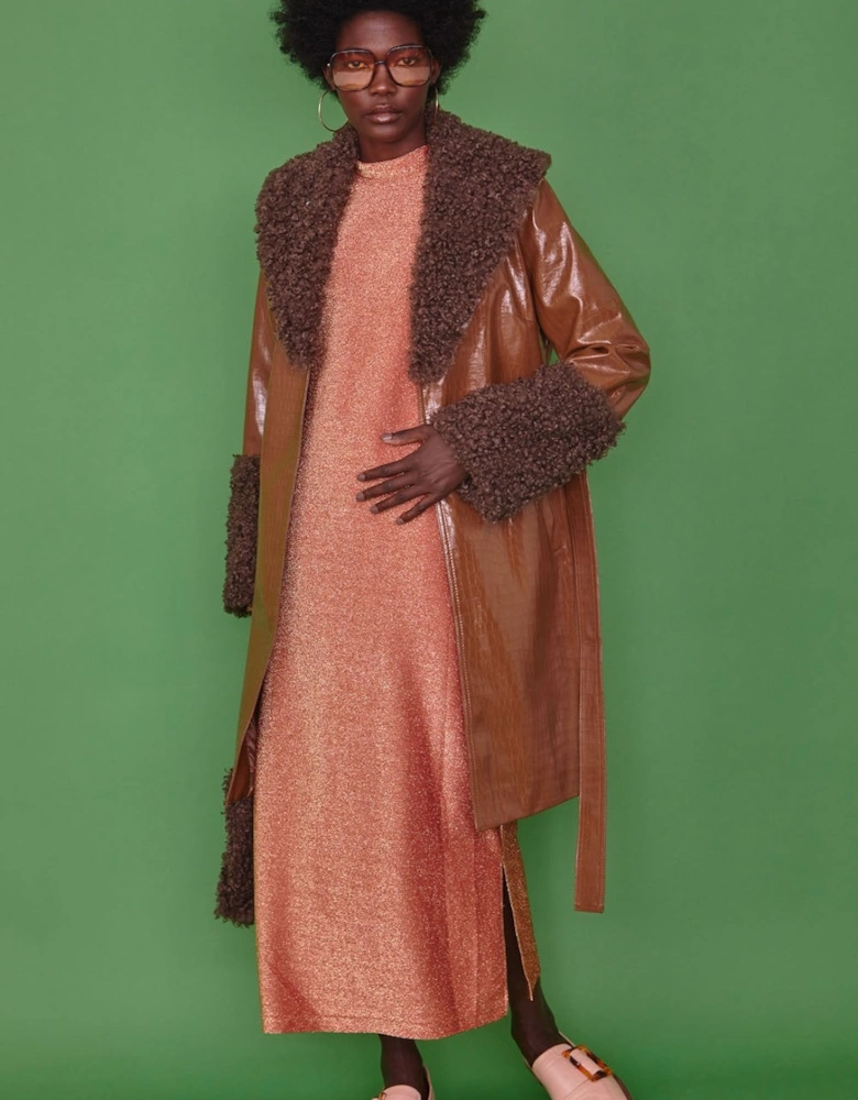 Brown Faux Suede Coat With Detachable Faux Shearling Cuffs & Collar