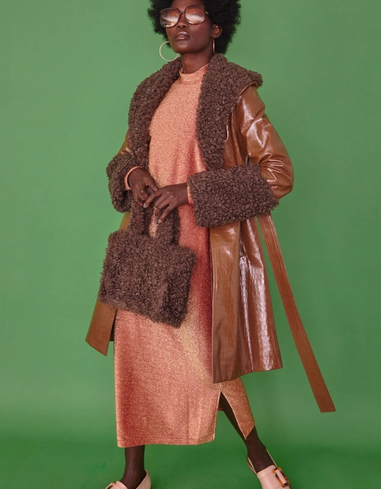 Brown Faux Suede Coat With Detachable Faux Shearling Cuffs & Collar