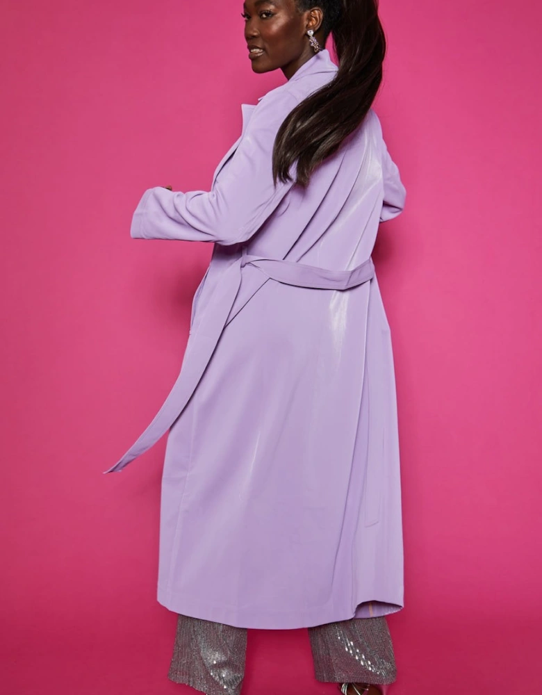 Lyra Faux Leather Maxi Trench Coat in Lilac