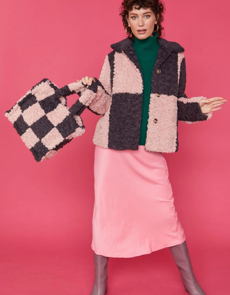 Checkered Pink and Purple Faux Shearling Cropped Coat