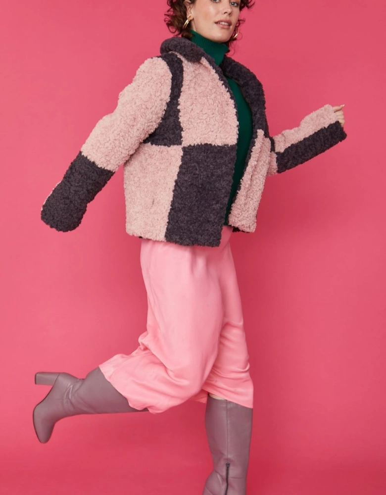 Checkered Pink and Purple Faux Shearling Cropped Coat