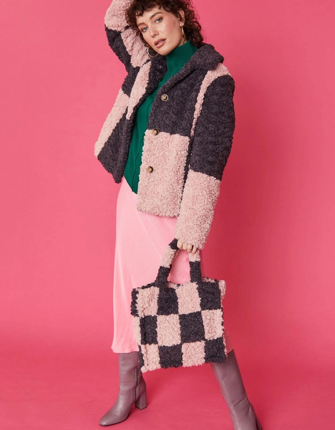 Checkered Pink and Purple Faux Shearling Cropped Coat