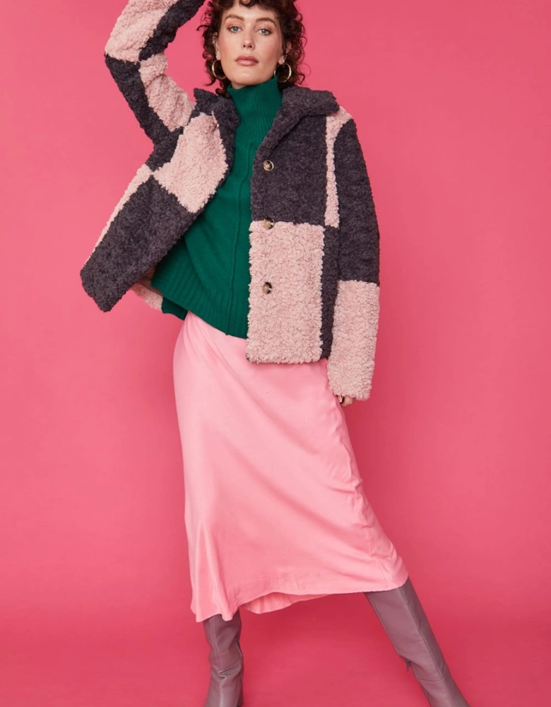 Checkered Pink and Purple Faux Shearling Cropped Coat