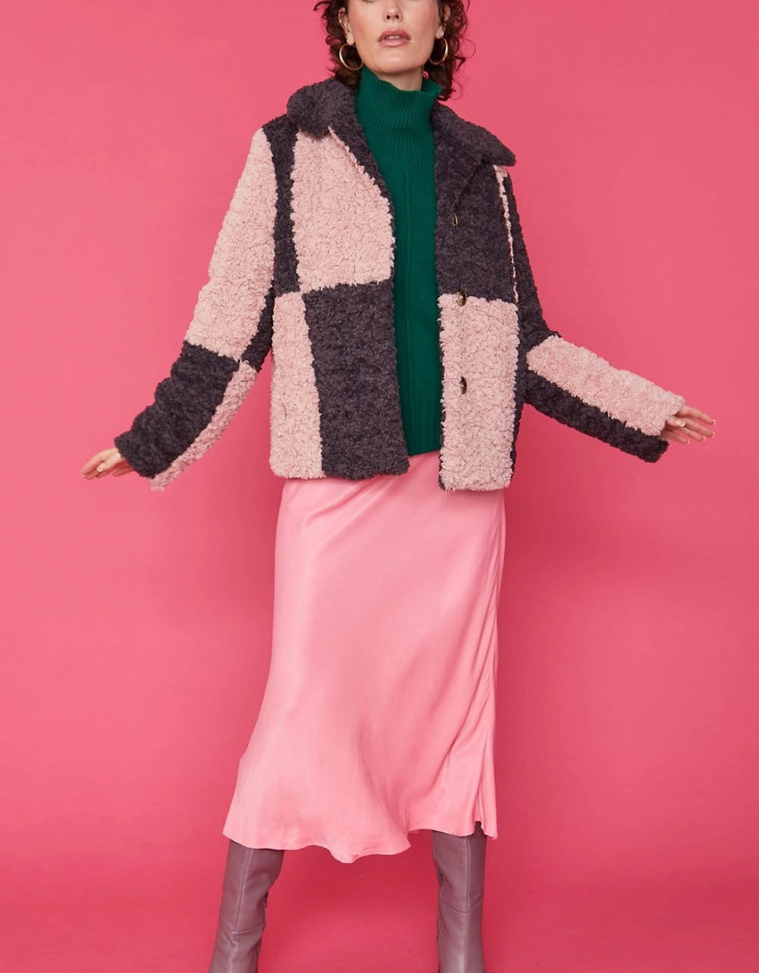 Checkered Pink and Purple Faux Shearling Cropped Coat