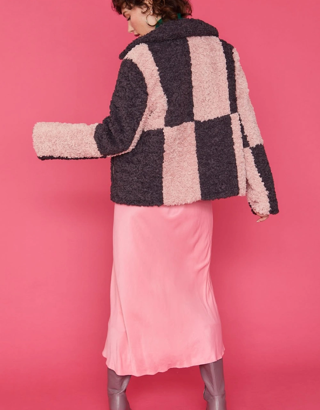 Checkered Pink and Purple Faux Shearling Cropped Coat