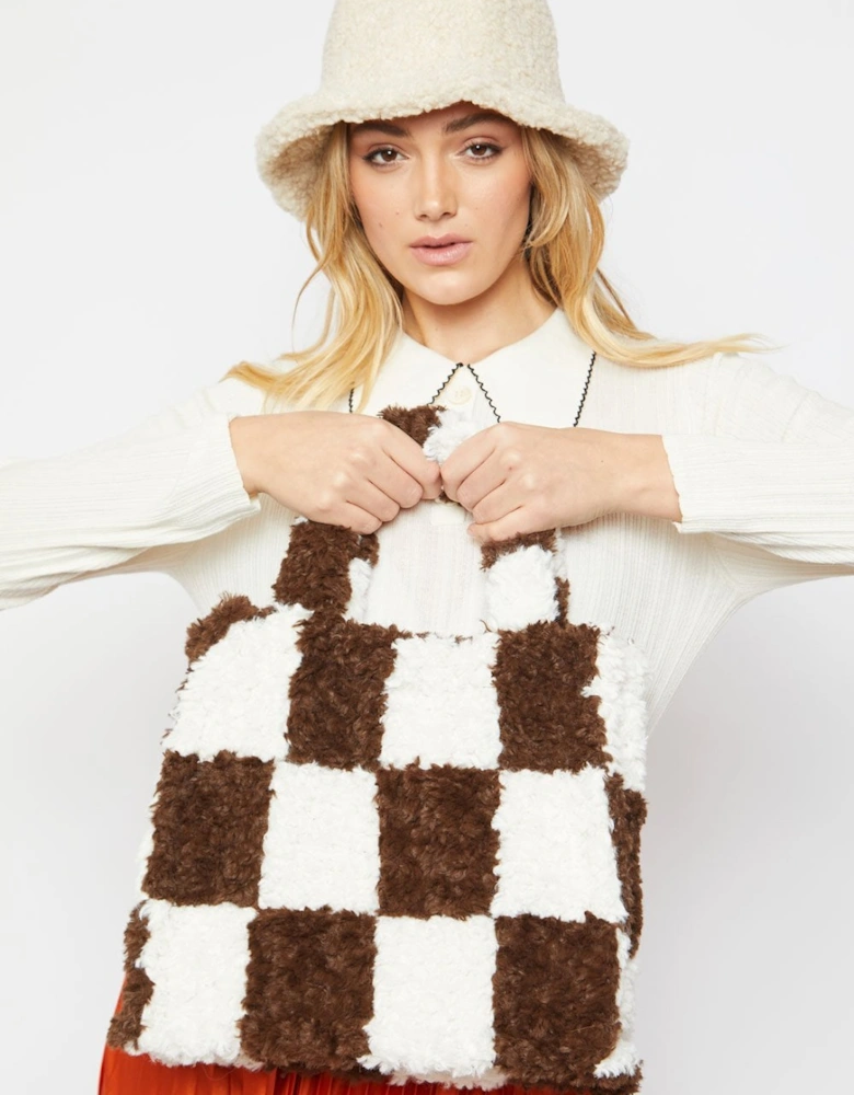 Shearling Checkered Tote Bag in Chocolate and Cream