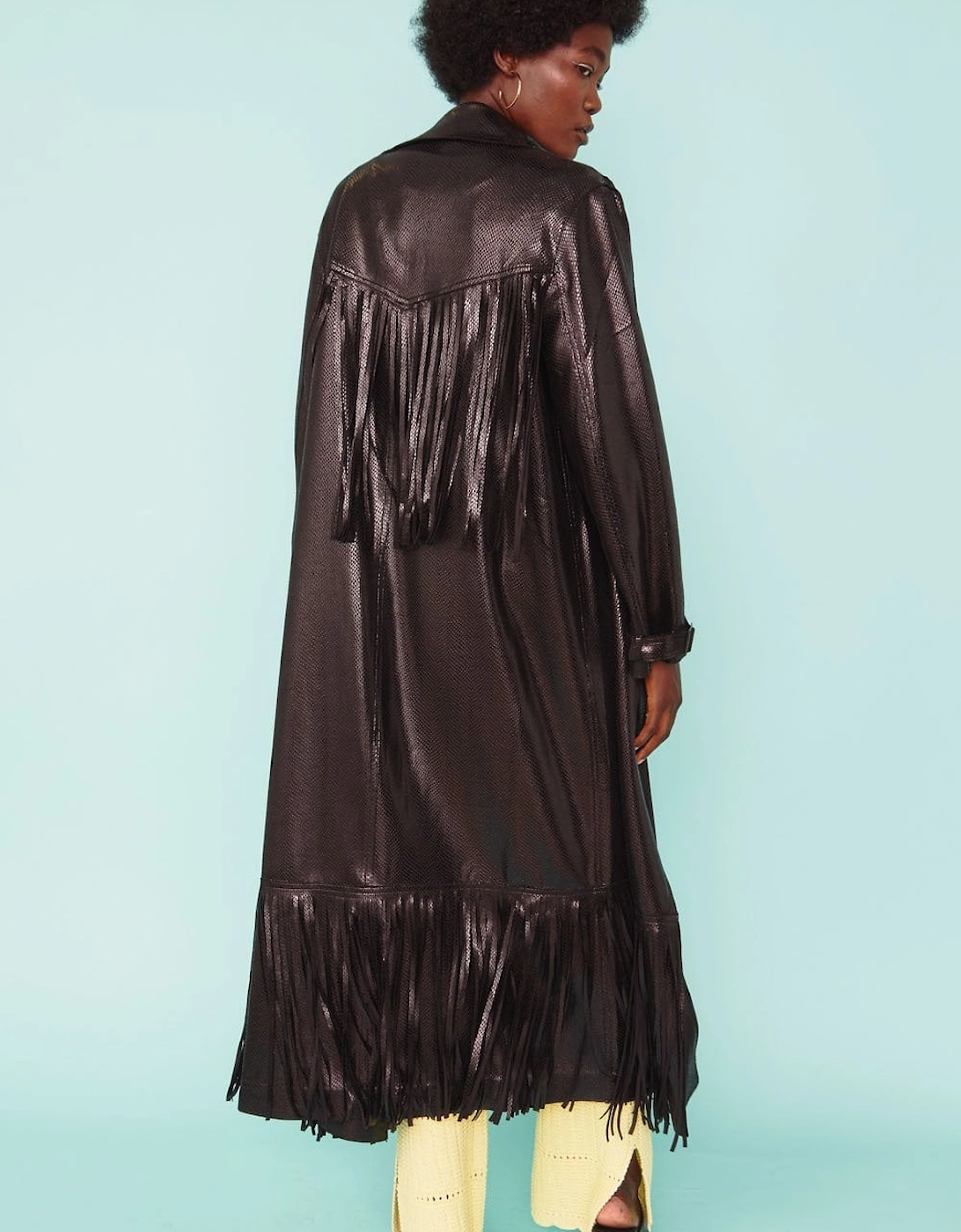 Tassel Trench Coat in Metallic Bronzed Black