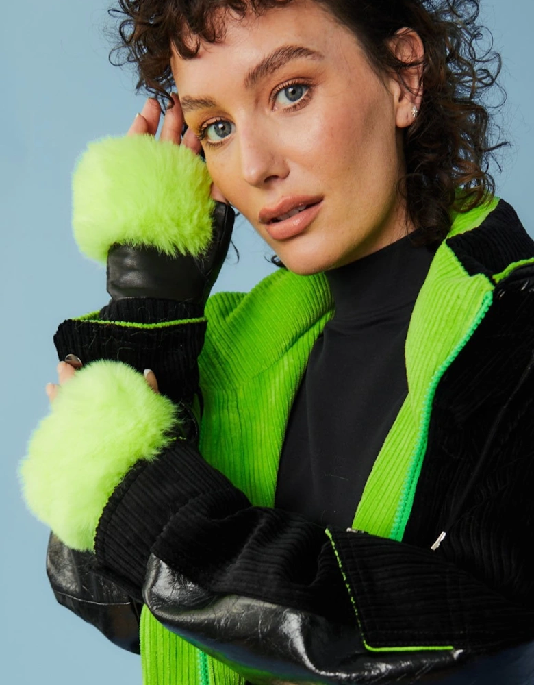 Fluorescent Green Faux Fur Fingerless Gloves
