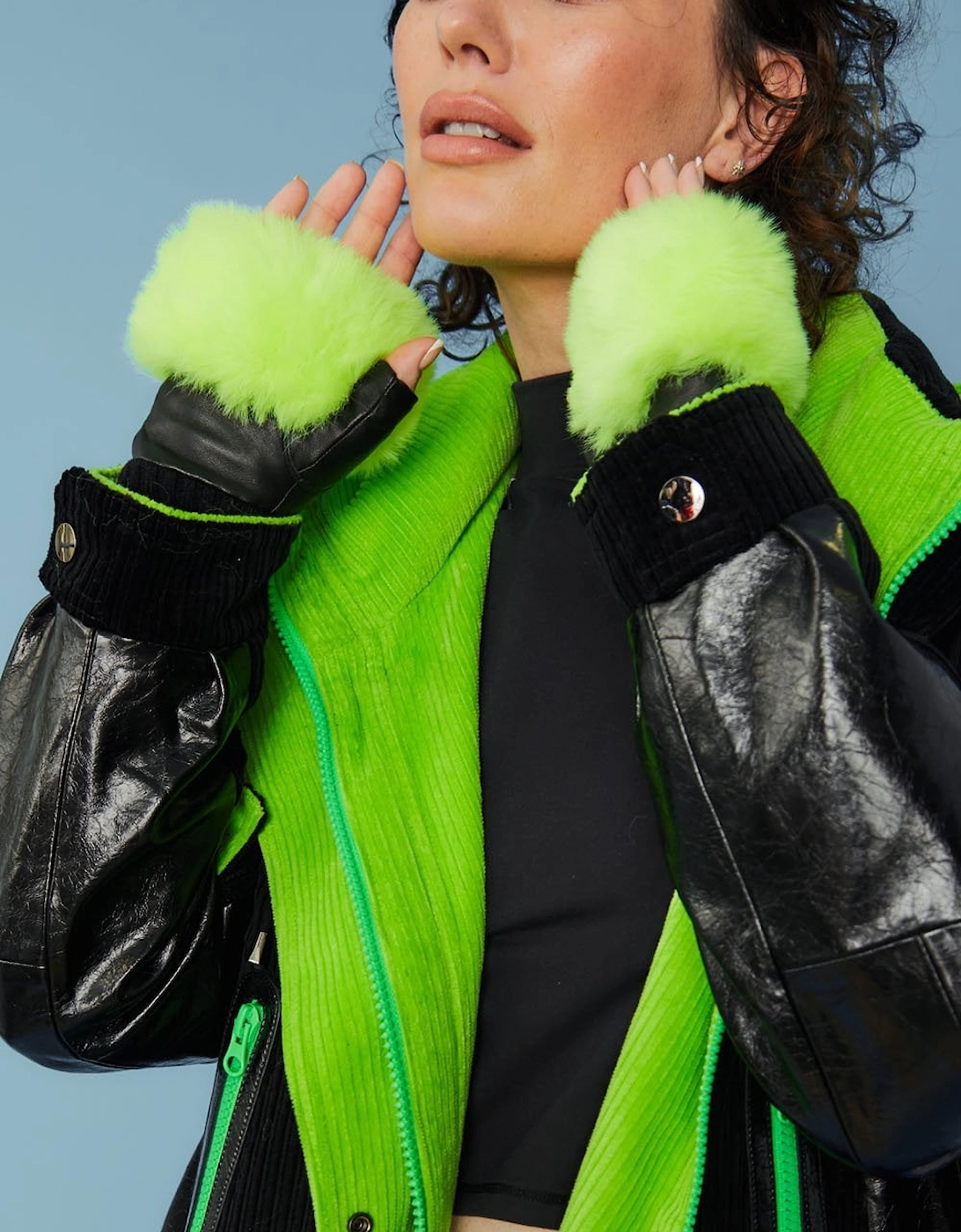 Fluorescent Green Faux Fur Fingerless Gloves