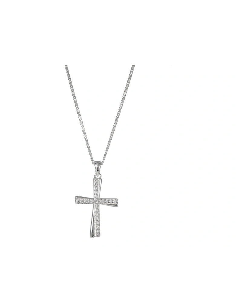 Sterling Silver Cubic Zirconia Cross Pendant 18 Inch Curb Chain