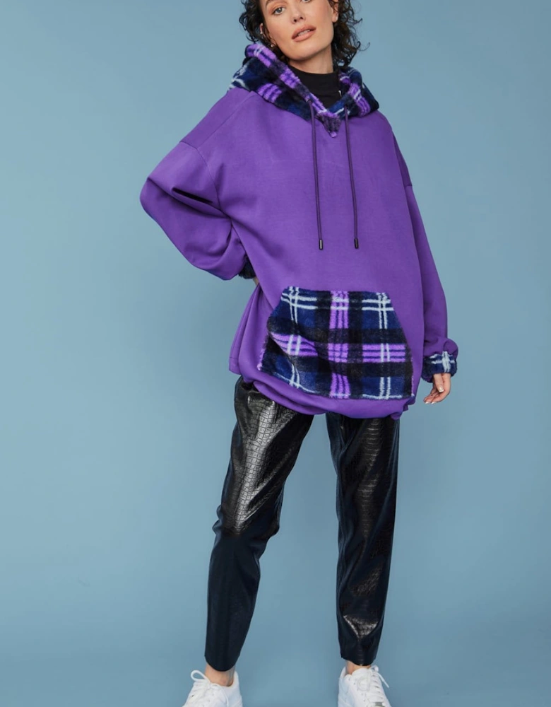 Purple Check Faux Fur Hooded Jacket
