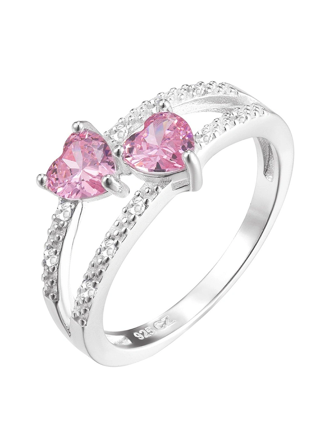 Sterling Silver & Pink Heart Cubic Zirconia Double Row Ring, 2 of 1