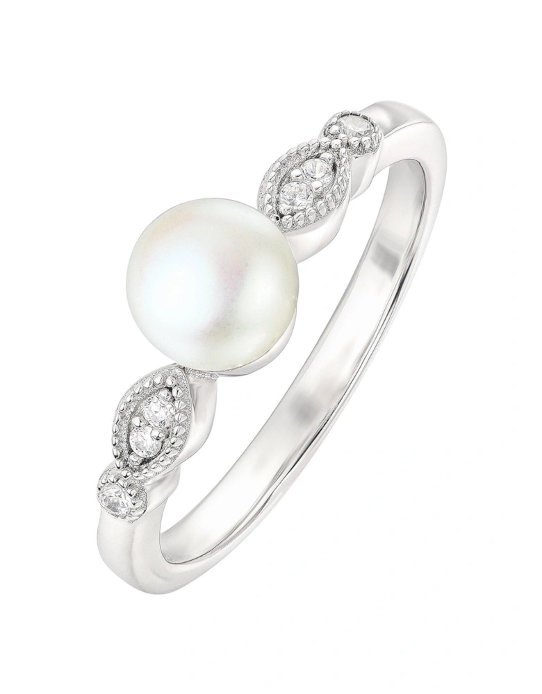 Sterling Silver Freshwater Pearl & Cubic Zirconia Vintage Ring