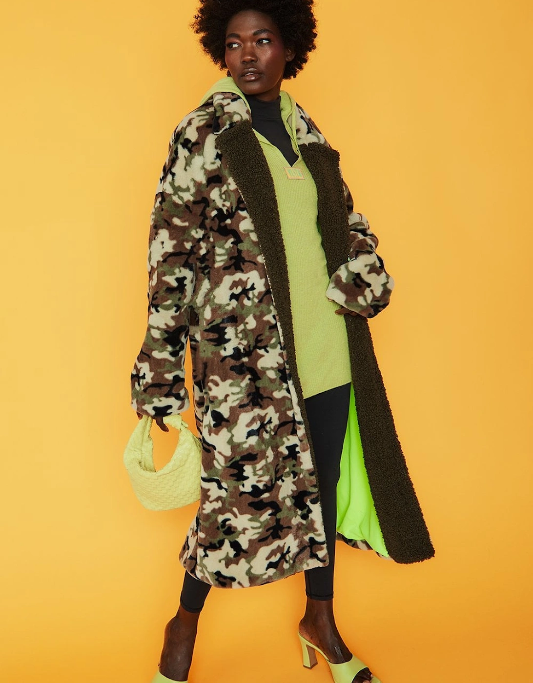 Green Full Length Camo Faux Fur Jacket