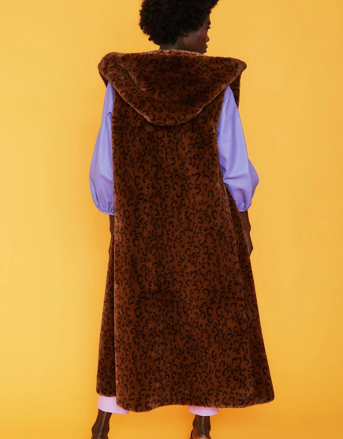 Leopard Print Faux Fur Hooded Maxi Gilet