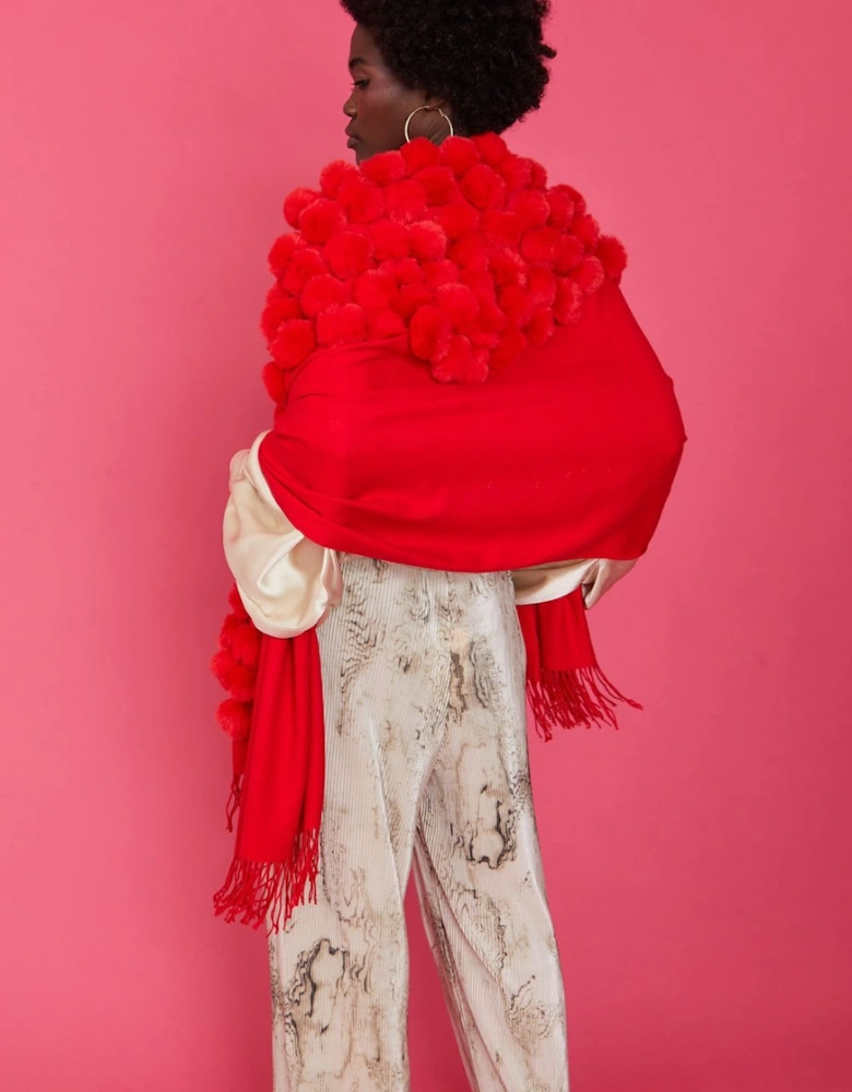 Red Cashmere Blend Faux Fur Pom Pom Wrap