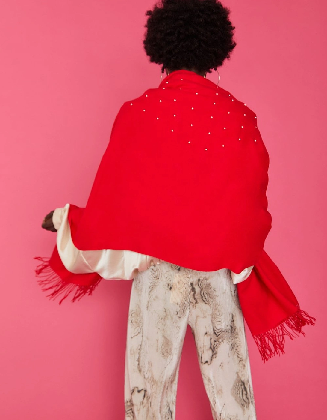 Red Cashmere Blend Faux Fur Pom Pom Wrap