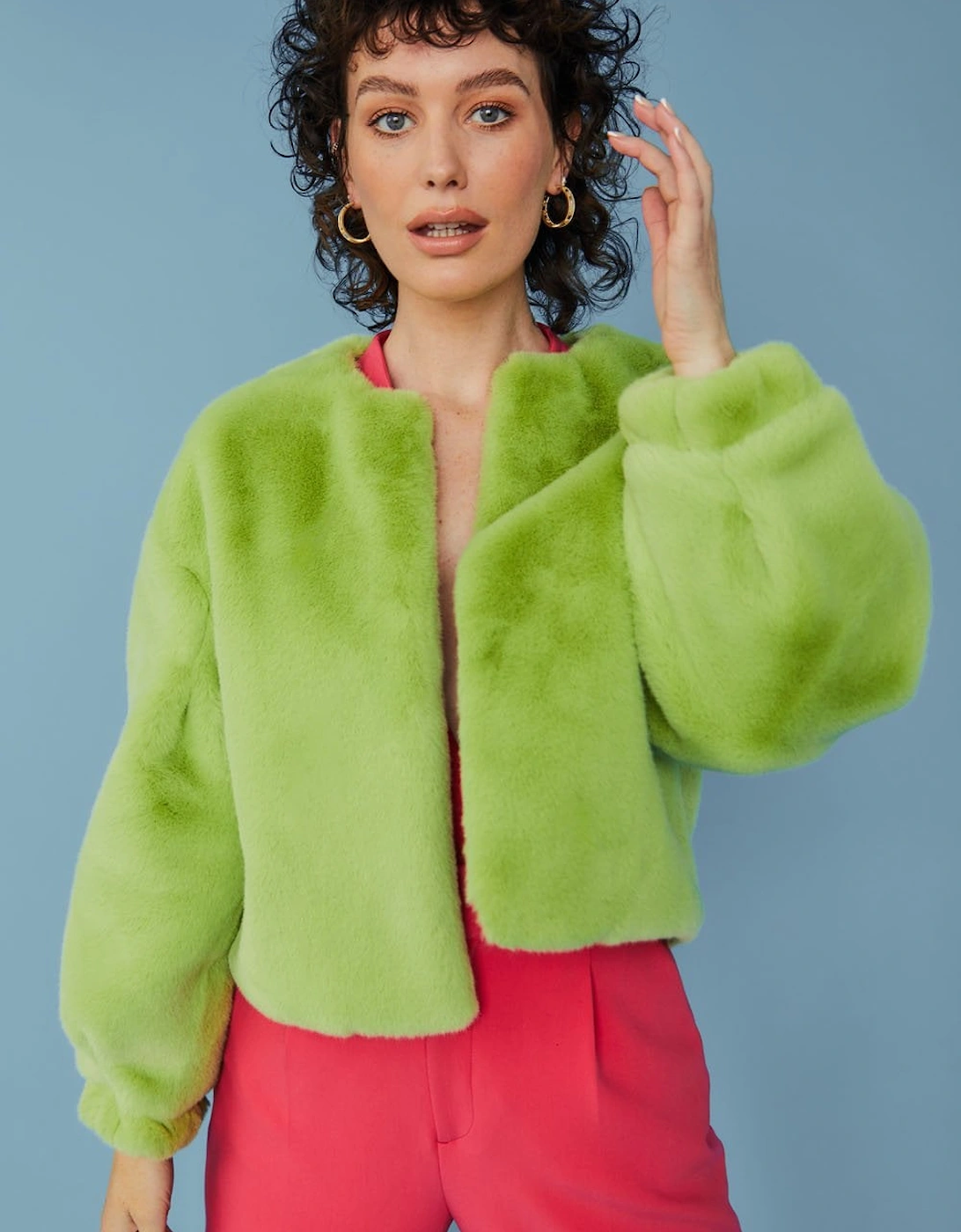 Green Cropped Faux Fur Jacket